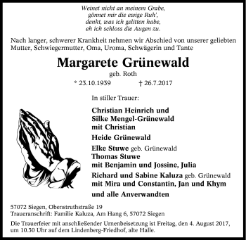 Traueranzeige von Margarete Grünewald von Tageszeitung