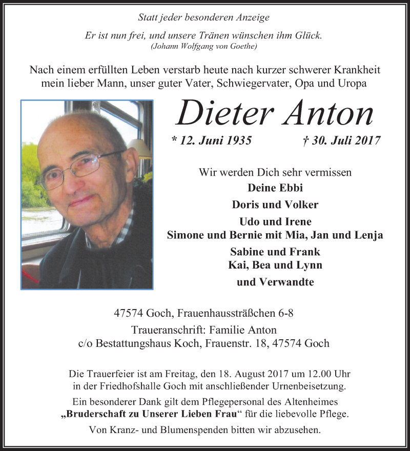  Traueranzeige für Dieter Anton vom 12.08.2017 aus Tageszeitung