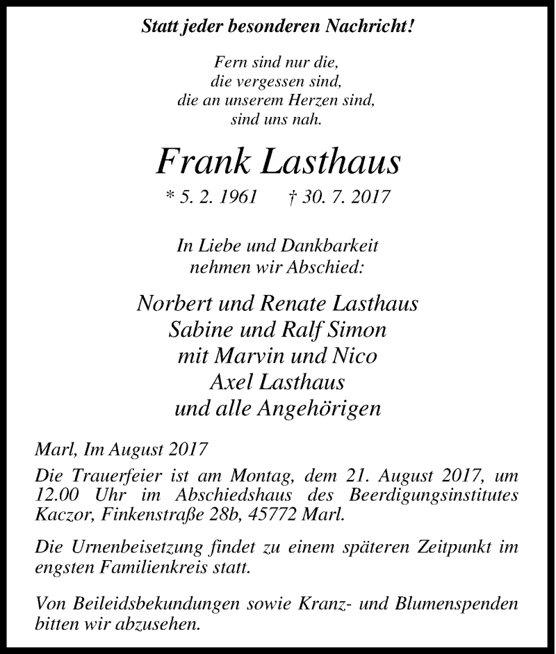  Traueranzeige für Frank Lasthaus vom 16.08.2017 aus Tageszeitung
