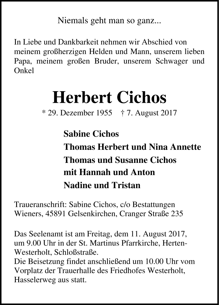  Traueranzeige für Herbert Cichos vom 09.08.2017 aus Tageszeitung