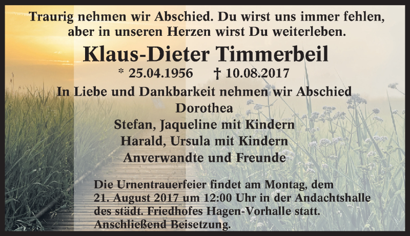  Traueranzeige für Klaus-Dieter Timmerbeil vom 19.08.2017 aus Tageszeitung