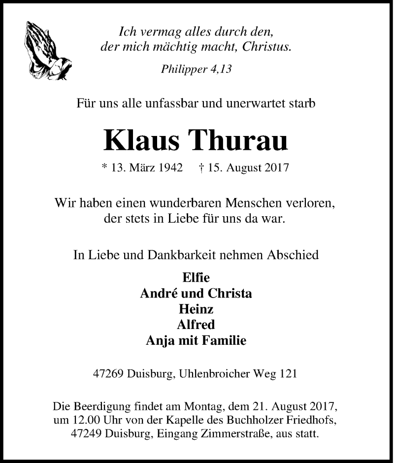  Traueranzeige für Klaus Thurau vom 17.08.2017 aus Tageszeitung