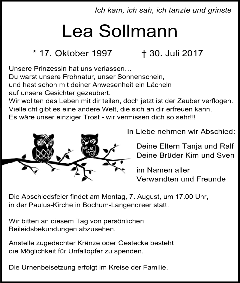  Traueranzeige für Lea Sollmann vom 05.08.2017 aus Tageszeitung