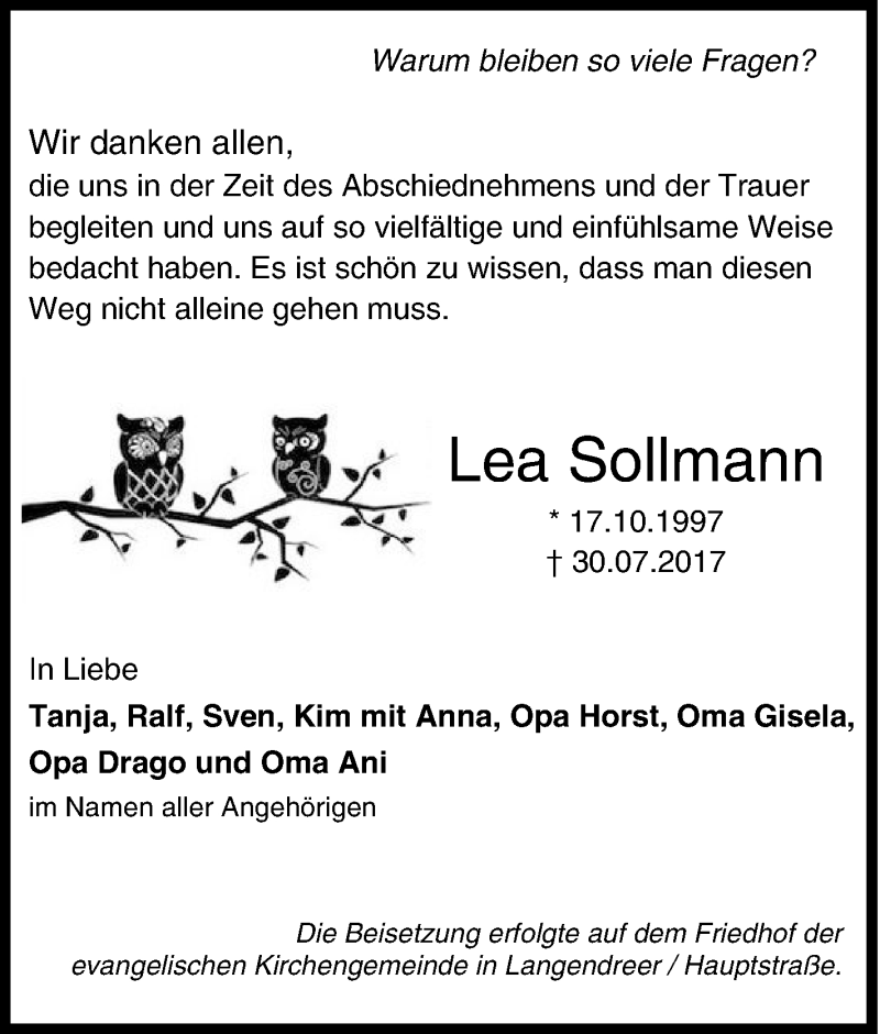  Traueranzeige für Lea Sollmann vom 19.08.2017 aus Tageszeitung
