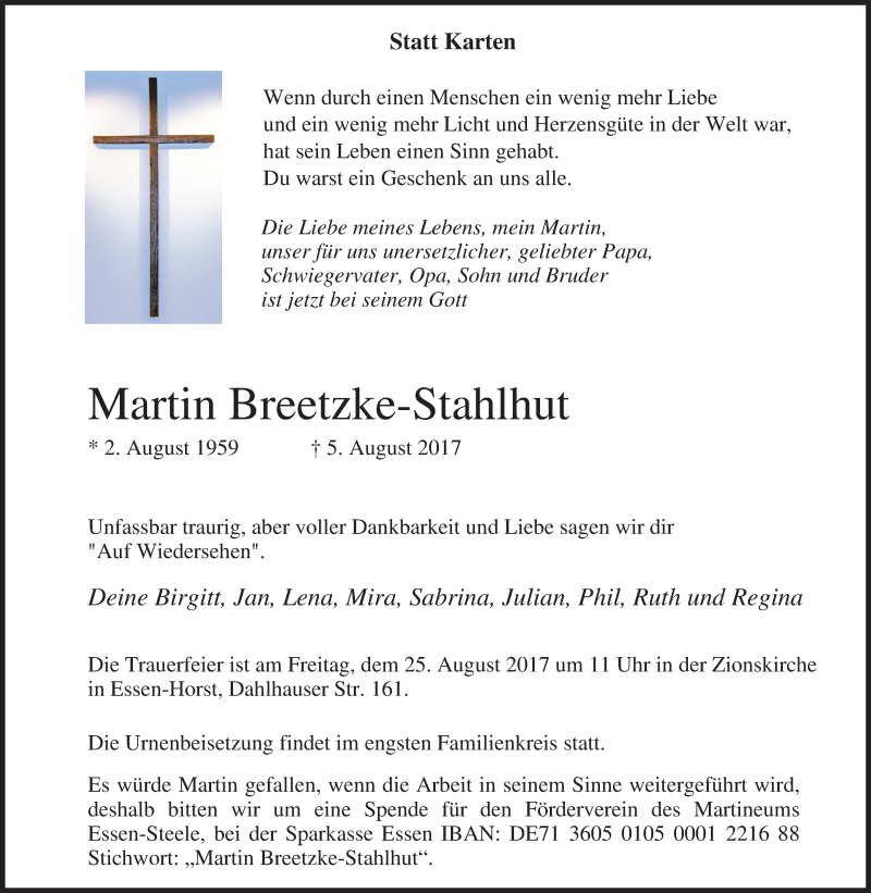  Traueranzeige für Martin Breetzke-Stahlhut vom 16.08.2017 aus Tageszeitung
