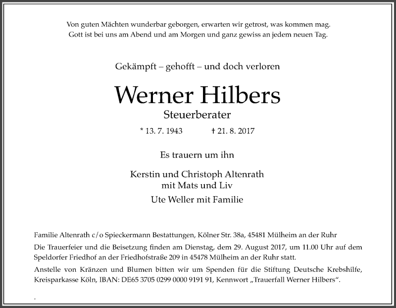  Traueranzeige für Werner Hilbers vom 24.08.2017 aus Tageszeitung
