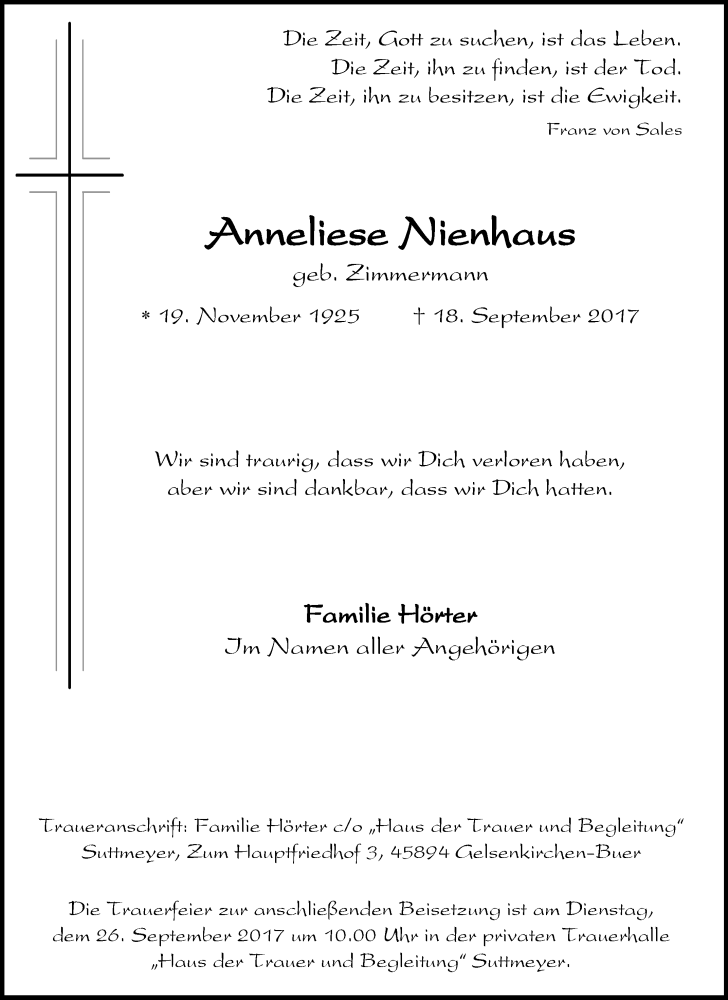  Traueranzeige für Anneliese Nienhaus vom 23.09.2017 aus waz