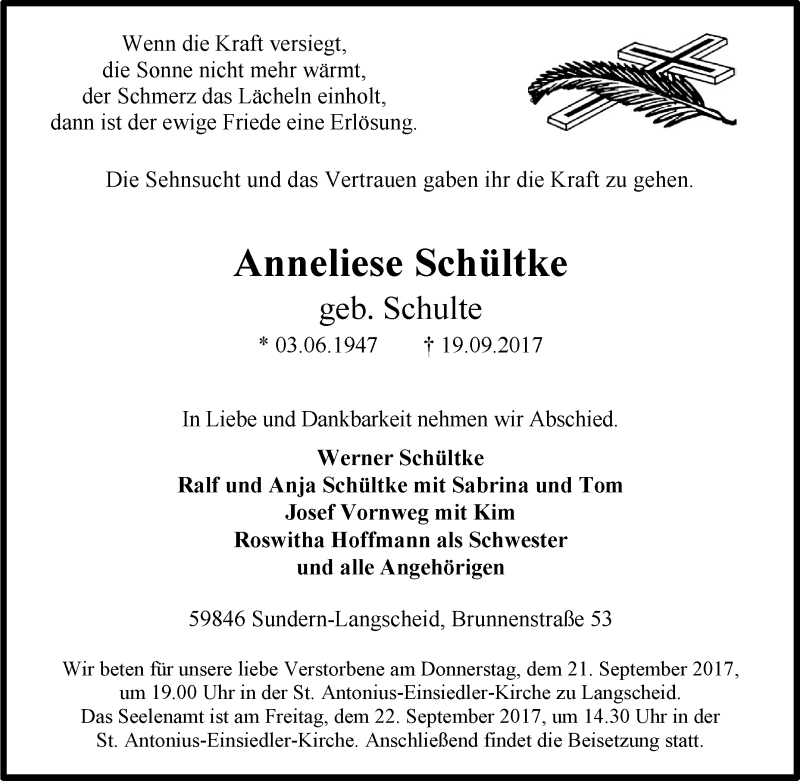  Traueranzeige für Anneliese Schültke vom 20.09.2017 aus Tageszeitung