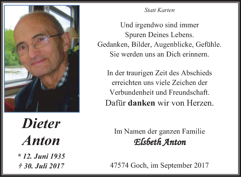  Traueranzeige für Dieter Anton vom 02.09.2017 aus Tageszeitung
