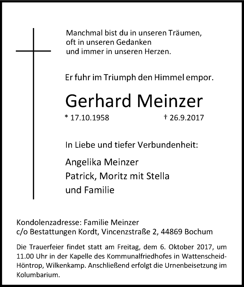  Traueranzeige für Gerhard Meinzer vom 30.09.2017 aus Tageszeitung