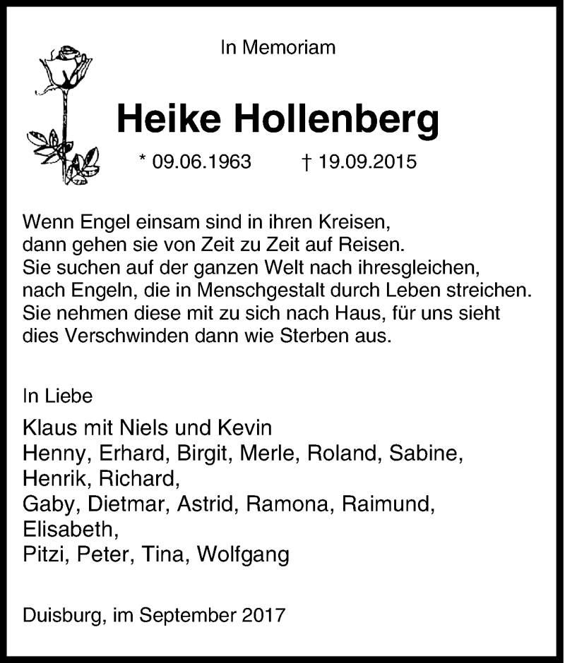  Traueranzeige für Heike Hollenberg vom 19.09.2017 aus Tageszeitung