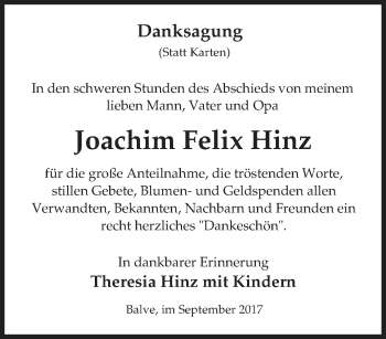 Traueranzeige von Joachim Felix Hinz von waz