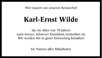 Traueranzeige von Karl-Ernst Wilde von waz
