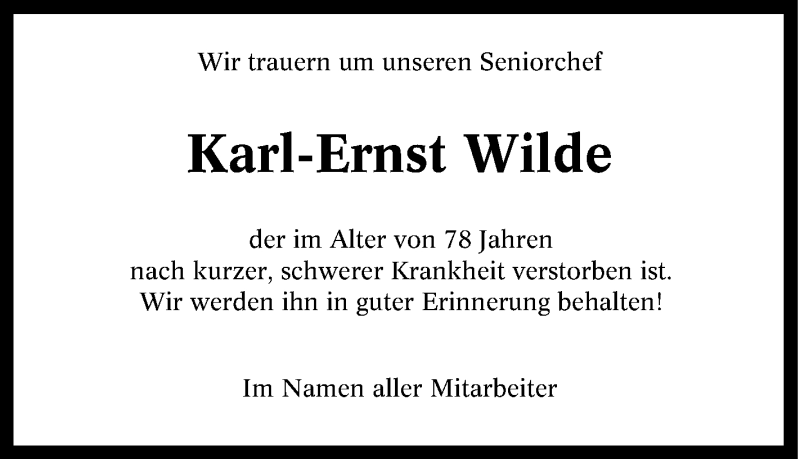  Traueranzeige für Karl-Ernst Wilde vom 23.09.2017 aus waz