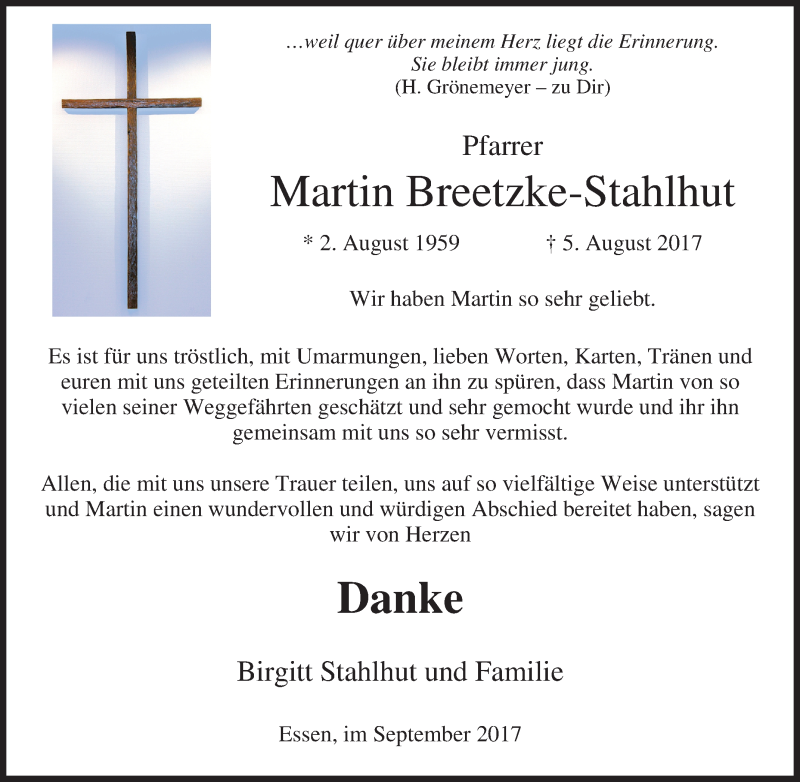  Traueranzeige für Martin Breetzke-Stahlhut vom 16.09.2017 aus Tageszeitung