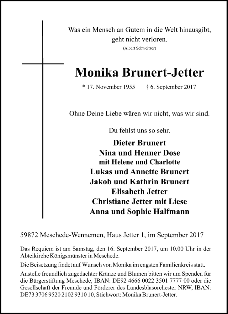  Traueranzeige für Monika Brunert-Jetter vom 08.09.2017 aus waz