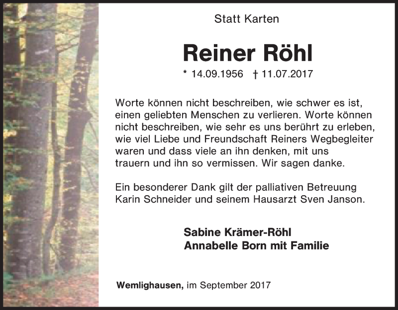  Traueranzeige für Reiner Röhl vom 14.09.2017 aus Tageszeitung