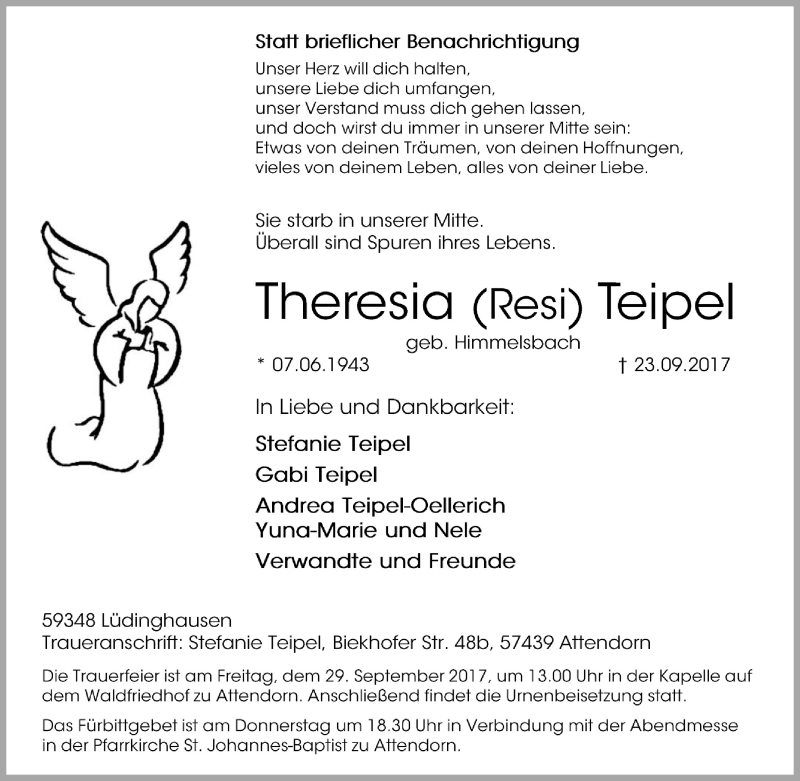  Traueranzeige für Theresia Teipel vom 26.09.2017 aus Tageszeitung
