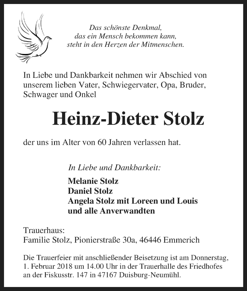  Traueranzeige für Heinz-Dieter Stolz vom 27.01.2018 aus Tageszeitung