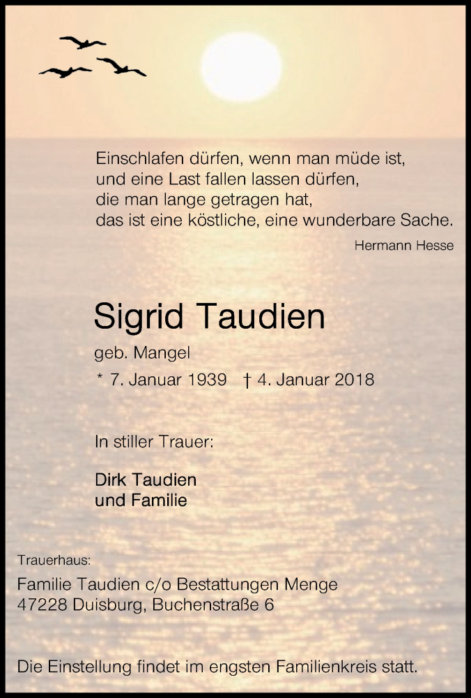  Traueranzeige für Sigrid Taudien vom 10.01.2018 aus Tageszeitung