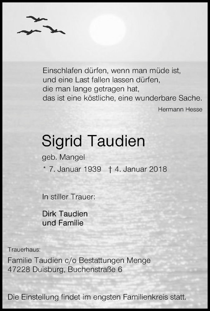  Traueranzeige für Sigrid Taudien vom 06.01.2018 aus Tageszeitung