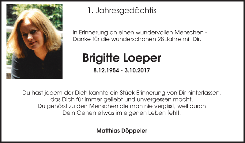  Traueranzeige für Brigitte Loeper vom 03.10.2018 aus 