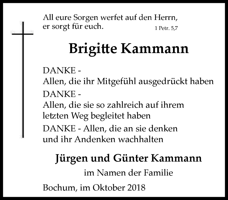  Traueranzeige für Brigitte Kammann vom 22.10.2018 aus Tageszeitung