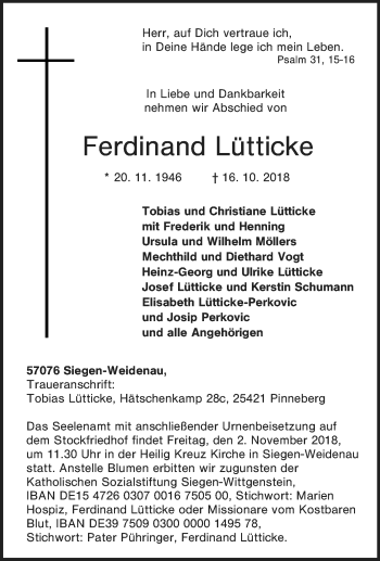 Traueranzeige von Ferdinand Lütticke von Tageszeitung