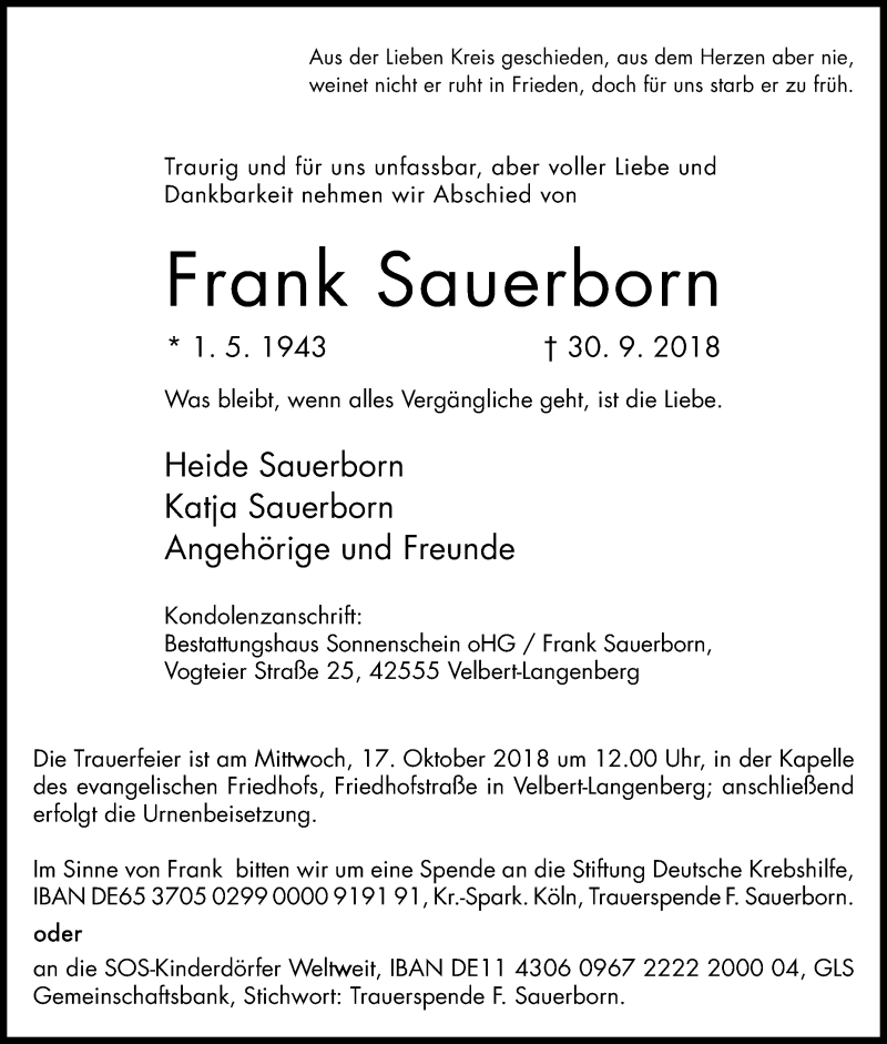  Traueranzeige für Frank Sauerborn vom 10.10.2018 aus Tageszeitung