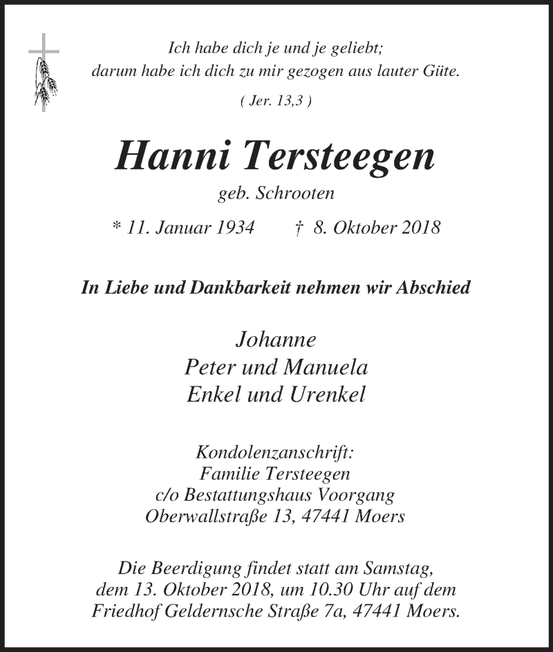  Traueranzeige für Hanni Tersteegen vom 12.10.2018 aus Tageszeitung