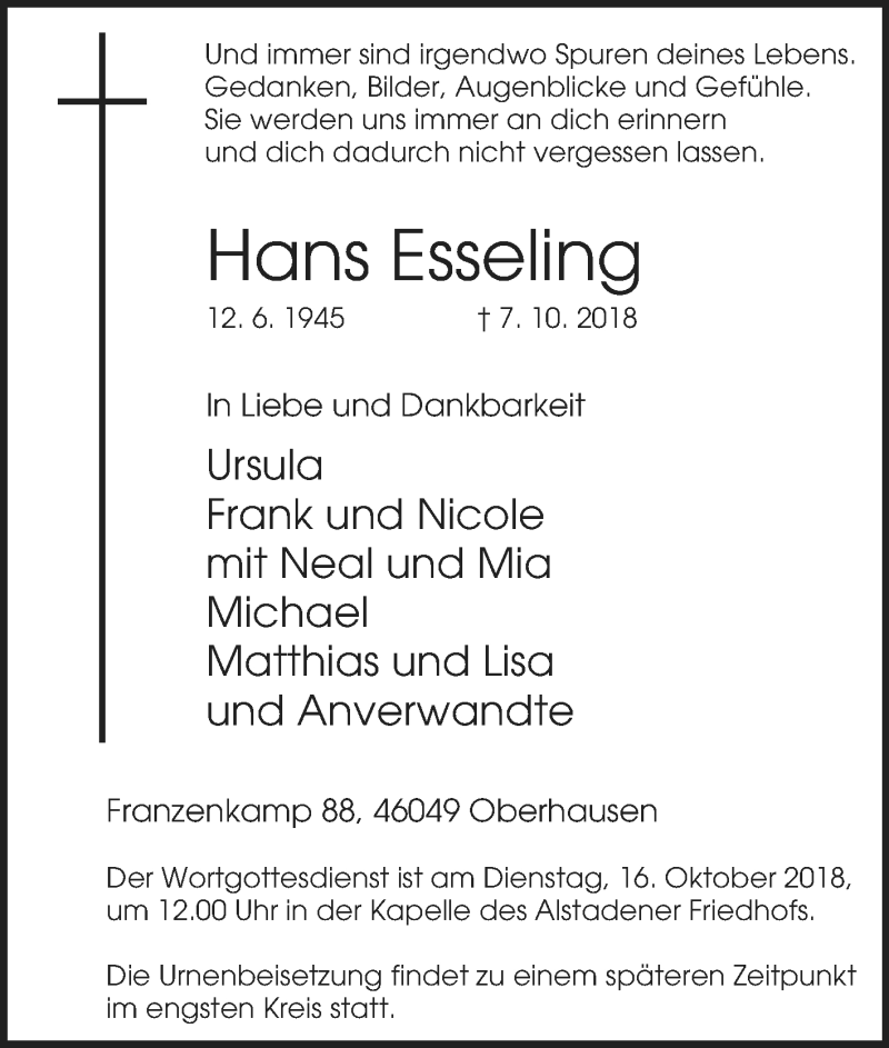  Traueranzeige für Hans Esseling vom 12.10.2018 aus Tageszeitung