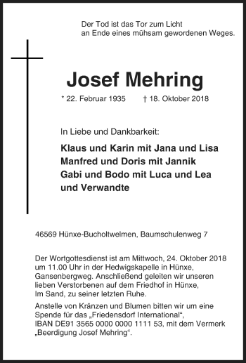 Traueranzeige von Josef Mehring von Tageszeitung