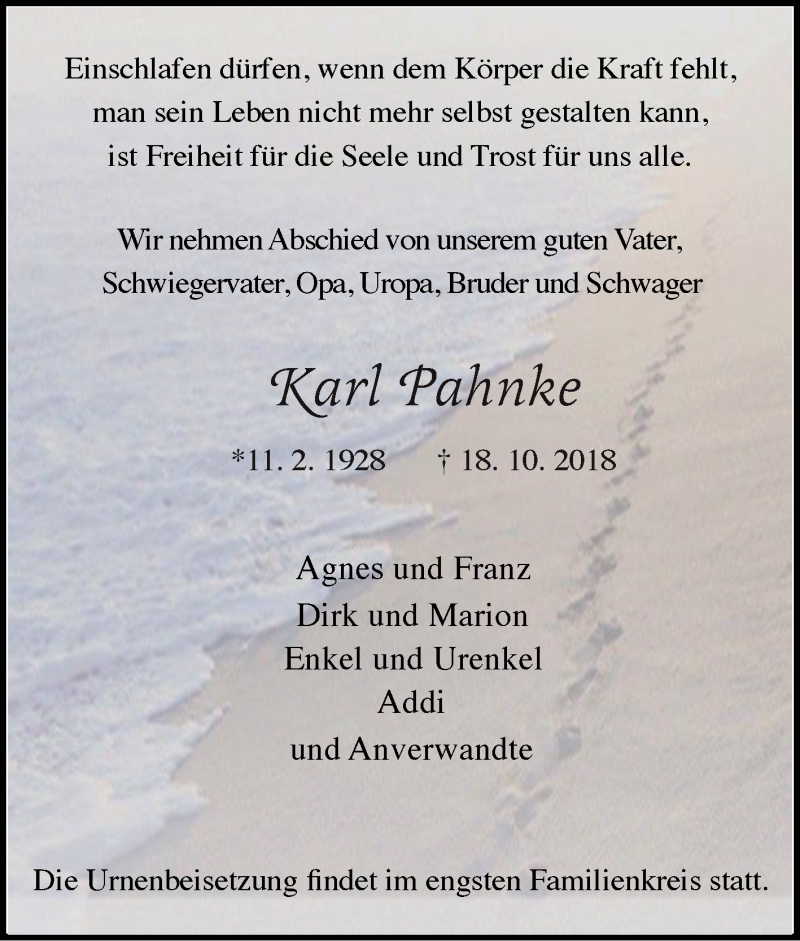 Traueranzeige für Karl Pahnke vom 27.10.2018 aus waz