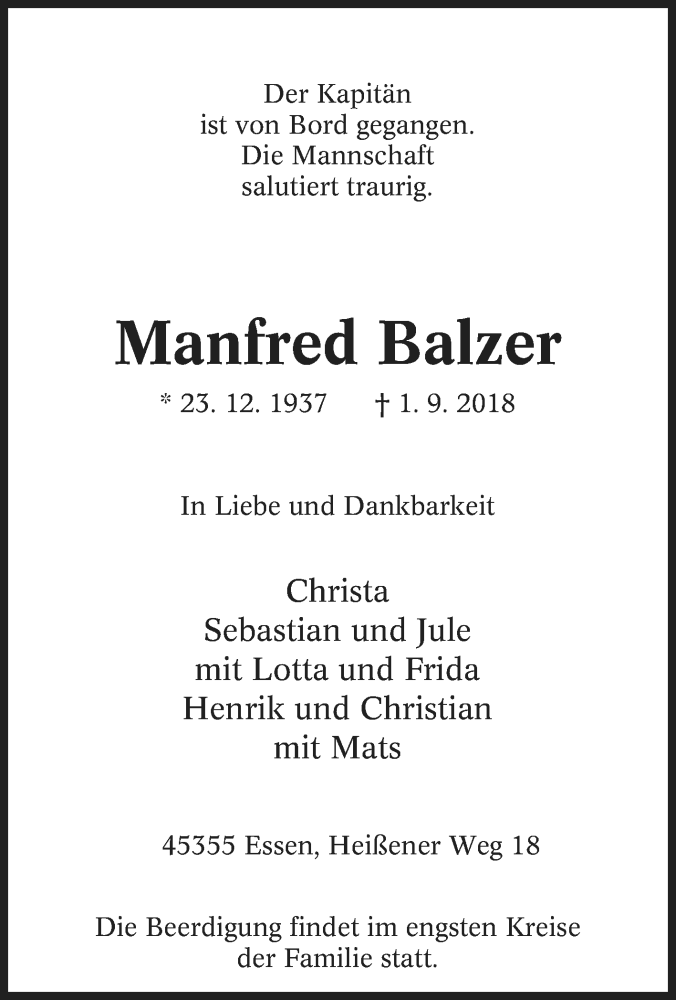  Traueranzeige für Manfred Balzer vom 13.10.2018 aus Tageszeitung