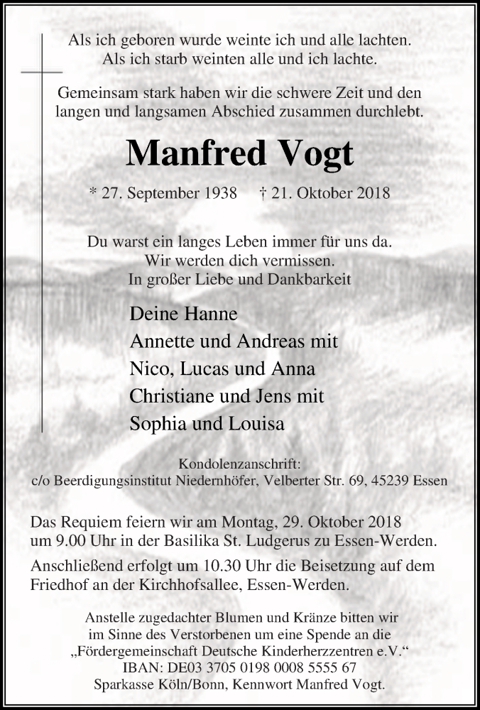 Traueranzeige für Manfred Vogt vom 26.10.2018 aus Tageszeitung