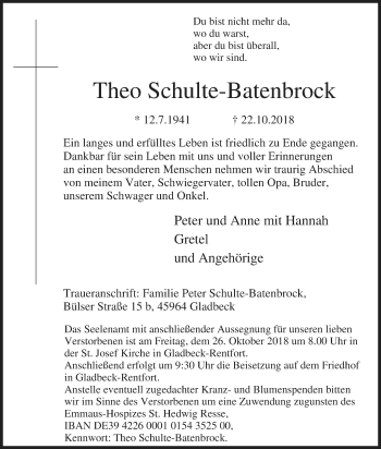 Traueranzeige von Theo Schulte-Batenbrock von Tageszeitung
