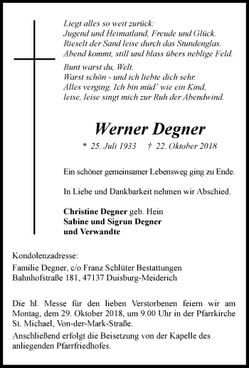 Traueranzeige von Werner Degner von Tageszeitung