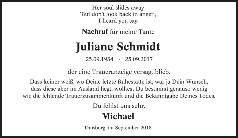  Traueranzeige für Juliane Schmidt vom 29.09.2018 aus Tageszeitung