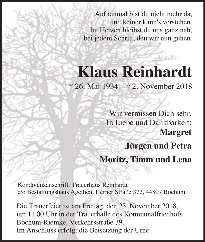  Traueranzeige für Klaus Reinhardt vom 15.11.2018 aus Funke Medien NRW