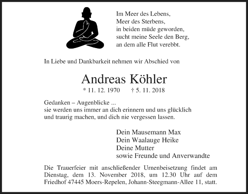  Traueranzeige für Andreas Köhler vom 09.11.2018 aus Tageszeitung