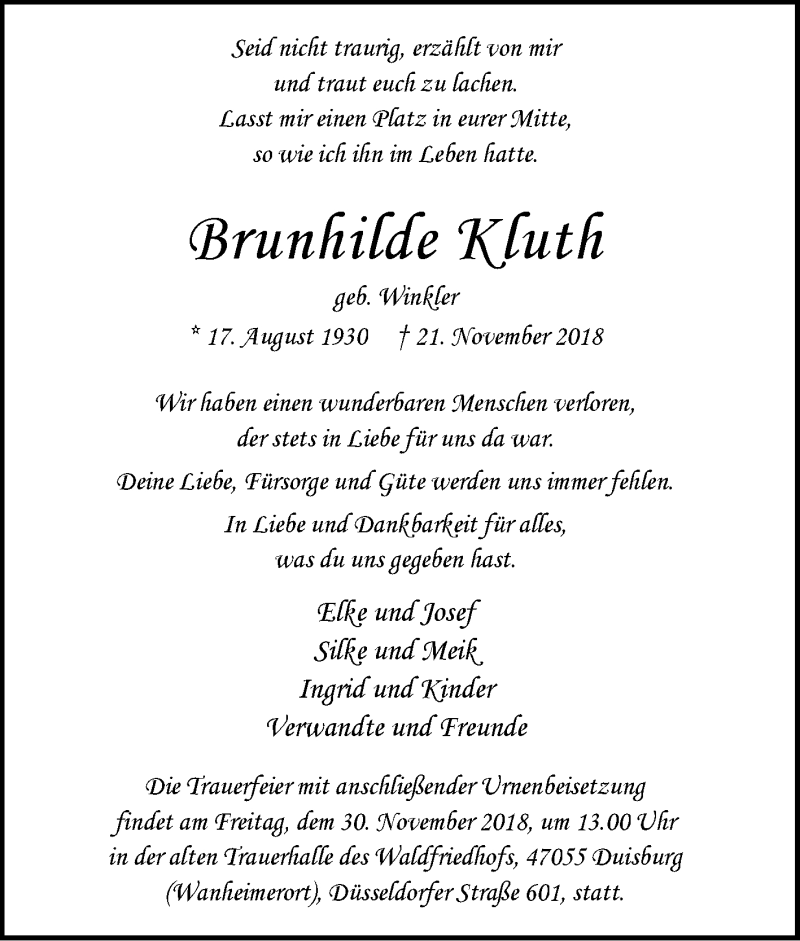  Traueranzeige für Brunhilde Kluth vom 24.11.2018 aus Tageszeitung