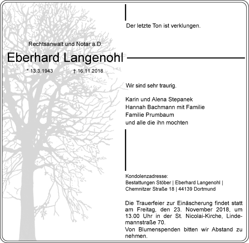  Traueranzeige für Eberhard Langenohl vom 21.11.2018 aus waz