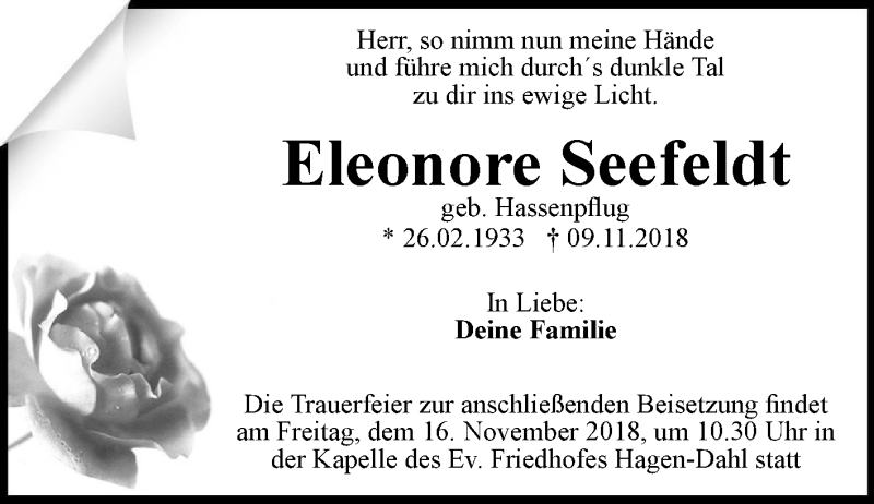  Traueranzeige für Eleonore Seefeldt vom 14.11.2018 aus Tageszeitung
