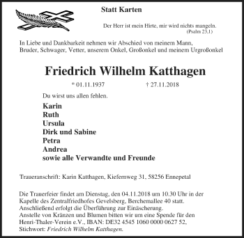 Traueranzeige von Friedrich Wilhelm Katthagen von Tageszeitung