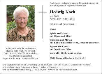 Traueranzeige von Hedwig Koch von Tageszeitung