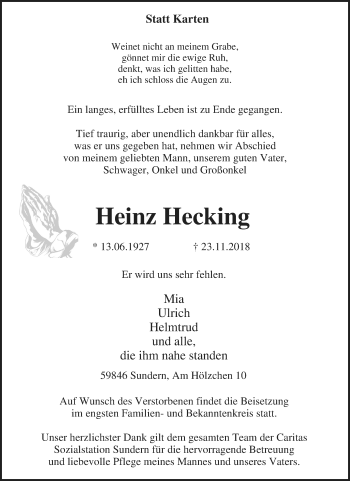 Traueranzeige von Heinz Hecking von Tageszeitung