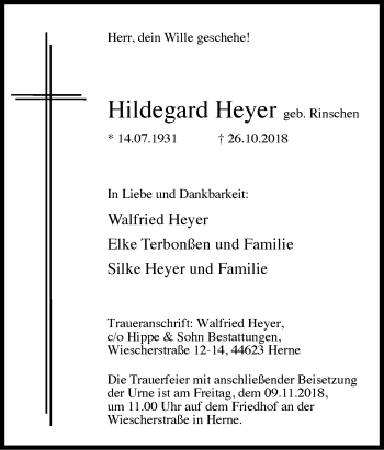 Traueranzeige von Hildegard Heyer von Tageszeitung