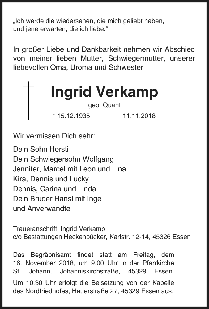  Traueranzeige für Ingrid Verkamp vom 15.11.2018 aus Tageszeitung