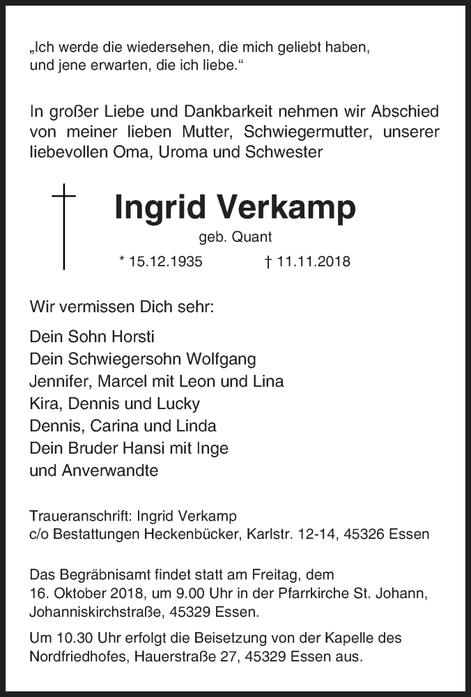  Traueranzeige für Ingrid Verkamp vom 14.11.2018 aus Tageszeitung
