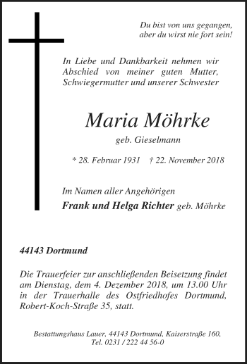 Traueranzeige von Maria Möhrke von Tageszeitung